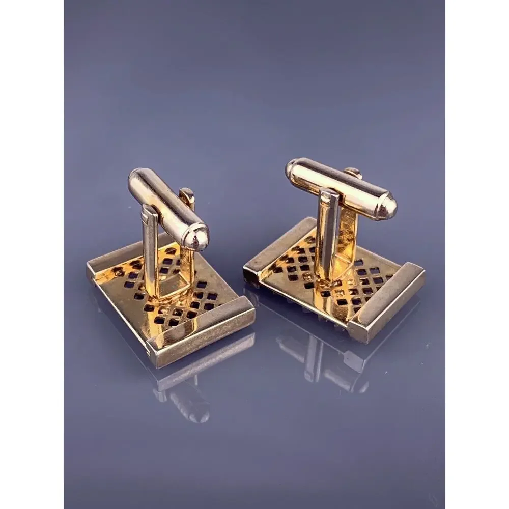 Black Obsidian Lattice Cufflinks Gold Plated Modernist Rectangle Dante Vintage